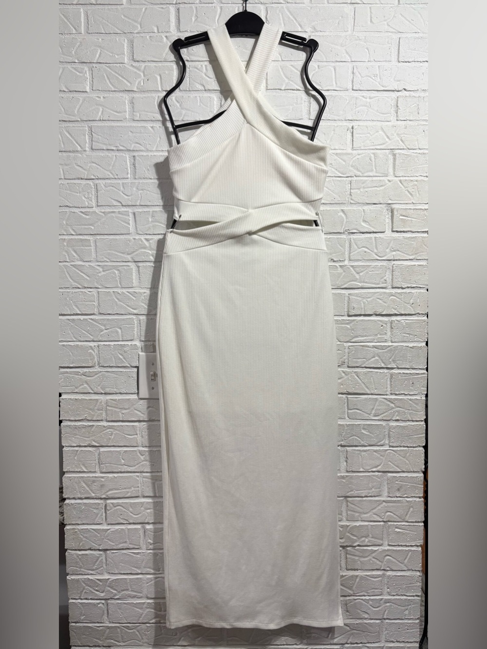 Tyche Ivory Ribbed Cris Cross Neckline Waist Cutout Dress L